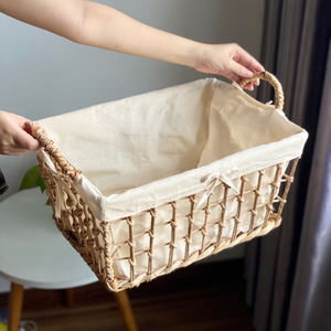 Panier de rangement de haute qualité en jacinthe d'eau naturelle, jonc de mer, rotin et bambou avec cadre et doublure en coton - Product Image 3