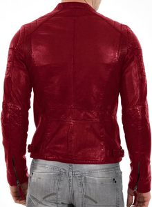Blouson moto en cuir rouge pour homme, col rabattu, fermeture éclair, coupe ajustée, manches classiques, style automne - Product Image 6