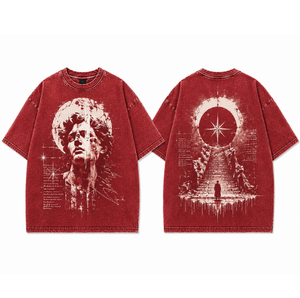 <b>Men</b> Oversized Acid Washed <b>Red</b> Short Sleeve T-<b>Shirt</b> 100% Cotton Knitted Breathable Front O-Neck - Product Image 1