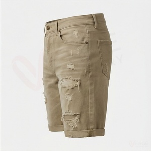 Shorts Bermuda en jean déchiré kaki pour homme, taille mi-haute, avec ourlet retroussé - Product Image 3