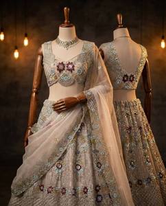 LAHENGA CHOLI DUPATTA BUTTER <b>FLY</b> <b>NET</b> EMBROIDERY SEQUNCE WORK WITH CANCAN & CANVAS PATTA - Product Image 4