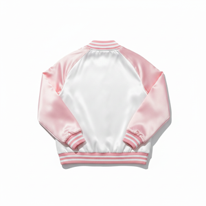 Veste de sport en satin personnalisée pour femmes |   Blouson bomber rose et blanc à manches raglan de haute qualité |   Veste Letterman slim fit pour la danse - Product Image 2