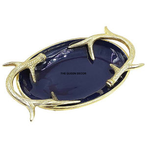 Bandeja de Servicio para Té y Café, Diseño Novedoso, Calidad Premium, Bandeja Azul con Asa de Asta de Ciervo Dorada - Product Image 1