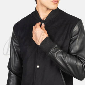 Chaqueta Varsity Negra de Lana para Hombre, Mangas de Cuero Genuino, Cierre de Botones a Presión, Puños Acanalados, Chaqueta Casual Premium de Dos Tonos - Product Image 1