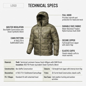 Fabricante de Chaquetas de Plumón para Hombre con Capucha y Cremallera, Diseño Camuflaje, Relleno 650, Resistente al Agua, con Aislamiento Térmico, para Caza, OEM Personalizado - Product Image 5