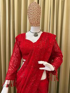Heavy Embroidery Sequence Work Faux Georgette Saree With Embroidery Work Full Stitched Georgette <b>Blouse</b> Party Wear - Product Image 4