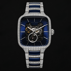 Blue <b>Skeleton</b> Crystal Square <b>Watch</b> <b>Automatic</b> Open Gear Dial Silver Tone Luxury Timepiece For Men Modern Fashion Gift - Product Image 1