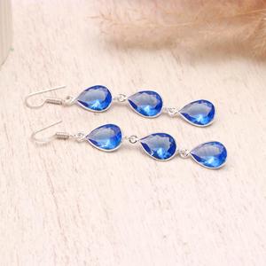 Swiss Blue Topaz Gemstone 925 Sterling <b>Silver</b> <b>Dangle</b> <b>Earrings</b>, Pear Shape Faceted Triple Drop <b>Earrings</b>, Elegant Handmade Jewelry - Product Image 4