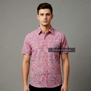 Chemise boutonnée à manches courtes pour homme, personnalisée OEM, imprimé floral rose, 100% coton, imprimé en bloc, haut d'été - Product Image 2