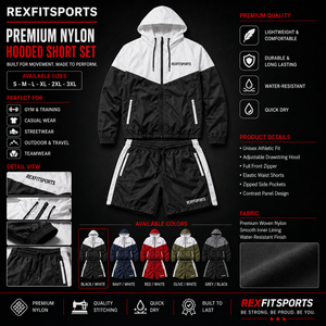 REXFIT SPORTS 2026 – Ensemble personnalisé unisexe veste à capuche et short en nylon, color block, léger, pour entraînement sportif et tenue d'équipe - Product Image 1