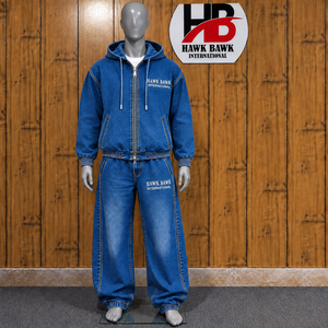 Veste et pantalon en jean vintage personnalisés pour hommes, couleur au choix, à capuche, manches longues, fermeture à cordon, coupe ample, vêtements de sport - Product Image 1