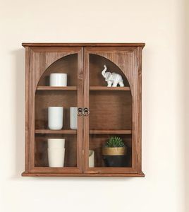 Armoire murale en teck avec porte en verre cintrée, vitrine à 3 niveaux avec poignées anciennes en forme d'anneau - Product Image 1
