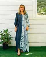 Robes Kaftan Bohèmes Décontractées Grande Taille pour Femmes, Col en V Tie-Dye, Fente à Pompons, Longueur Cheville, Silhouette Droite, Robe de Plage d'Été, ODM