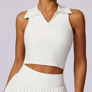 <b>Ladies</b> New Casual <b>Polo</b> Collar Sleeveless Body Fit Gym Workout Short Length Athletic Yoga Crop <b>Top</b> T-Shirt For Exercise - Product Image 1