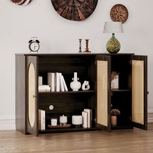 Credenza retrò a 3 ante con ampio spazio contenitivo, ante in rattan sintetico, maniglie in metallo, mobile d'accento per soggiorno - Product Image 3