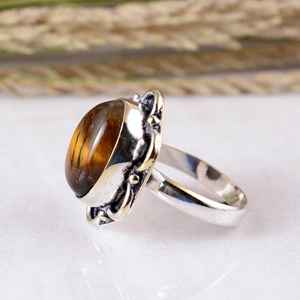 SHYAM JEWELRS Anillo Boho Delicado de Plata de Ley 925 Oxidada con Ojo de Tigre Dorado Natural Hecho a Mano, Estilo Étnico Floral Vintage - Product Image 2