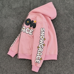 Snow Grace <b>Pink</b> Zip-Up Hoodie Fleece Casual Unisex Regular Fit Autumn Hooded <b>Sweatshirt</b> With Star Print Design - Product Image 6