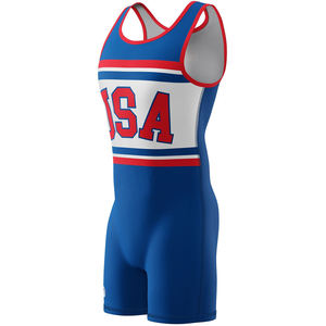 Maillot de lutte américain pour homme, ajusté, bleu, rouge, blanc, imprimé par sublimation, polyester extensible, adulte, vêtements de sport AMI - Product Image 2