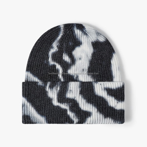 Bonnet en tricot unisexe 100% acrylique Marron Blanc Motif Tie Dye Décontracté pour l'hiver Taille adulte 56-58CM - Product Image 2