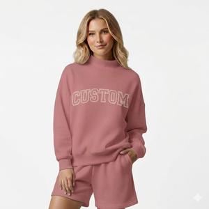 Womens Orange Solid Custom Text Print Mock Neck Oversized <b>Sweatshirt</b> and Shorts Set <b>Long</b> Sleeve Casual Streetwear Activewear - Product Image 6