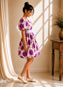 Girls Winter Casual Beach Purple Floral Puff Sleeve Party Dress with Bow Waist Cotton <b>Bubble</b> Hem Princess Birthday <b>Wedding</b> - Product Image 1