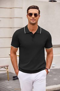Men's <b>Black</b> Short Sleeve <b>Polo</b> <b>Shirt</b> Solid Color Knitted Cotton Casual Button Down Design - Product Image 2