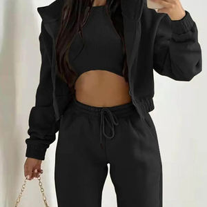 Black Unisex <b>Raglan</b> Sleeve Hooded Sweatshirt Set Crop <b>Top</b> With Drawstring Joggers Casual Autumn Wear Knitted Breathable Solid - Product Image 3