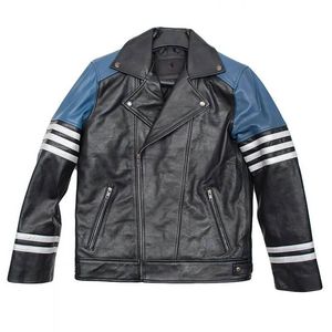 Chaqueta de Motociclista de Cuero Personalizada para Hombre, con Bloques de Color, Mangas con Rayas, Cremallera Lateral, Transpirable - Product Image 2
