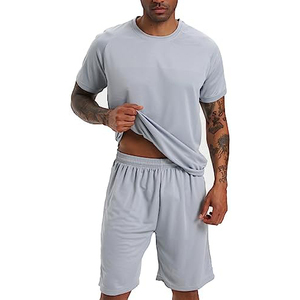 Ensemble de shorts de sport décontractés pour hommes, été, gris clair, t-shirt à col rond, tricoté, 100% coton, respirant, couleur unie, manches courtes - Product Image 1