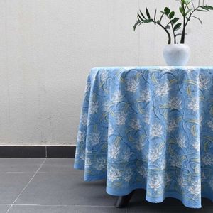 Nappe en coton 100% fabriquée en Inde, design français, imprimée à la main, couleur bleu lotus japonais, 220x220cm, pour la décoration - Product Image 6