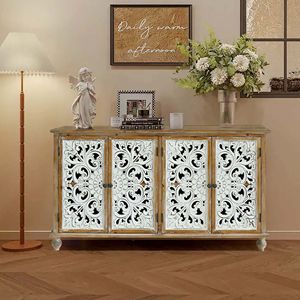 Armadio moderno di accento della fattoria con 4 porte floreali intagliate in legno Credenza di stoccaggio per soggiorno ingresso cucina corridoio - Product Image 3