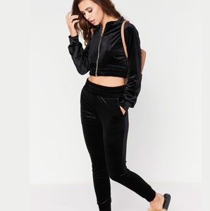 New Arrival High Quality Customized Logo Breathable Winter Shiny Cropped Hoodie Womens Velvet Yoga Fitness Velour <b>Tracksuit</b> - Product Image 2