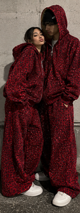 Chándal Personalizado 100% Algodón con Estampado de Leopardo y Pedrería, con Capucha y Cremallera, Manga Larga, Corte Holgado, Estilo Casual para Otoño, Patrón Rojo y Negro - Product Image 2