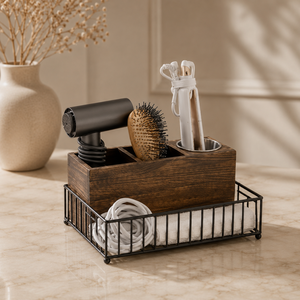 Support de rangement multifonctionnel en bois avec panier métallique pour outils et accessoires de coiffure de salle de bain - Product Image 1