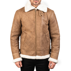 Men's Tan Winter Genuine Leather Streetwear Waterproof Windproof Eco-Friendly Breathable Turn-down Collar Classic Bomber <b>Jacket</b> - Product Image 5