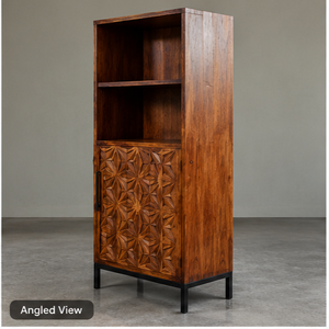 Gabinete de Madera Hecho a Mano de Estilo Moderno de Mediados de Siglo con Puerta Geométrica Tallada y Estantes Abiertos - Product Image 3