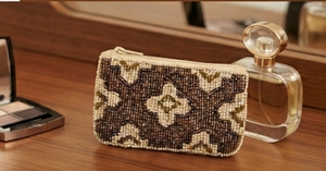 Beaded Cosmetic Pouch With Floral Pattern In Brown And Cream Colors Handcrafted For Women's Accessories - Product Image 3