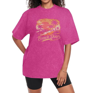 T-shirt femme vintage délavé à col rond et manches courtes, coupe ample, style streetwear tendance, imprimé numérique, respirant - Product Image 4