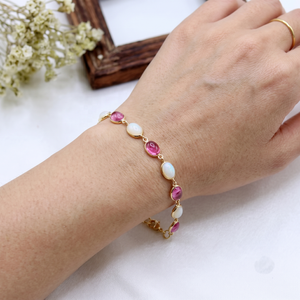 Pulsera de Oro Amarillo de 18K con Ópalo Ovalado Natural y Turmalina Rosa, Joyería Memoria, Venta al Por Mayor - Product Image 3