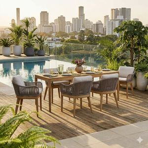 Ensemble de table à manger en teck massif de style scandinave moderne avec 6 chaises pour hôtel, restaurant, utilisation en extérieur, meubles de salle à manger durables - Product Image 2