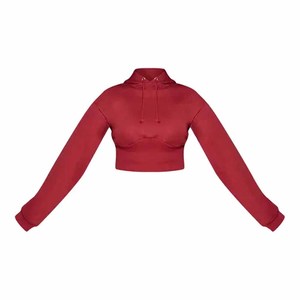 <b>Women's</b> Red Hooded Cropped Sweatshirt <b>Set</b> Full Sleeve Loose Fit Casual 2-Piece Outfit Solid Color Fleece Material - Product Image 4