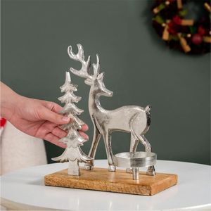 Sculpture de renne et d'arbre de Noël en métal de luxe avec base en bois, figurine de table moderne argentée pour la décoration de la maison en gros - Product Image 1