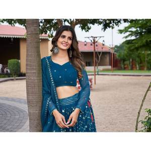 Designer Rama Color Lehenga Choli for Parties <b>Cocktail</b> <b>Dresses</b> with Sequence Embroidery Work Size L Elegant Party Wear - Product Image 1