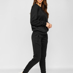 Ensemble de survêtement noir pour femmes, sweat-shirt à col rond, pantalon long, couleur unie, vêtements décontractés d'automne, respirant, 100% coton - Product Image 2