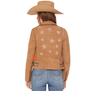 Tan <b>Suede</b> Moto <b>Jacket</b> Women Blush Star Patchwork Back Belted Biker Coat Genuine <b>Suede</b> Leather Camel Western Rock Outerwear - Product Image 1