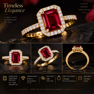 Bague en argent 925 plaqué or 14 carats avec grenat et halo de diamants de laboratoire taille émeraude, bijoux pour femme pour mariage ou cadeau de fête - Product Image 3