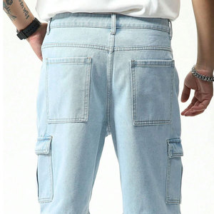 Shorts cargo bleu clair pour homme, taille mi-haute, élastique, respirant, style bermuda décontracté avec plusieurs poches, couleur unie, tissu en coton - Product Image 2