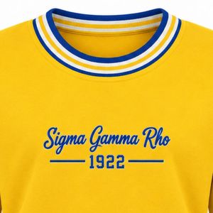 Yellow Sigma Gamma Rho Women's Crew Neck Sweater 1922 Embroidery Blue White Striped Collar Cuffs Greek Sorority Knitwear - Product Image 2