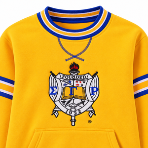 Sudadera con cuello redondo y escudo de chenilla dorado de Sigma Gamma Rho, con bolsillo canguro y ribete acanalado a rayas azul real, para la hermandad griega. - Product Image 5