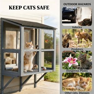 Gabbia per Gatti da Esterno Grigia, Montabile a Parete, Cuccia per Animali Domestici - Product Image 2